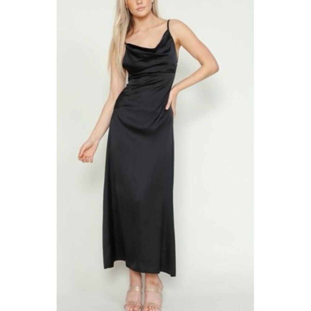 Million Colors Size M Open Back Cowl Neck Slip Dress Black Satin Formal Evening